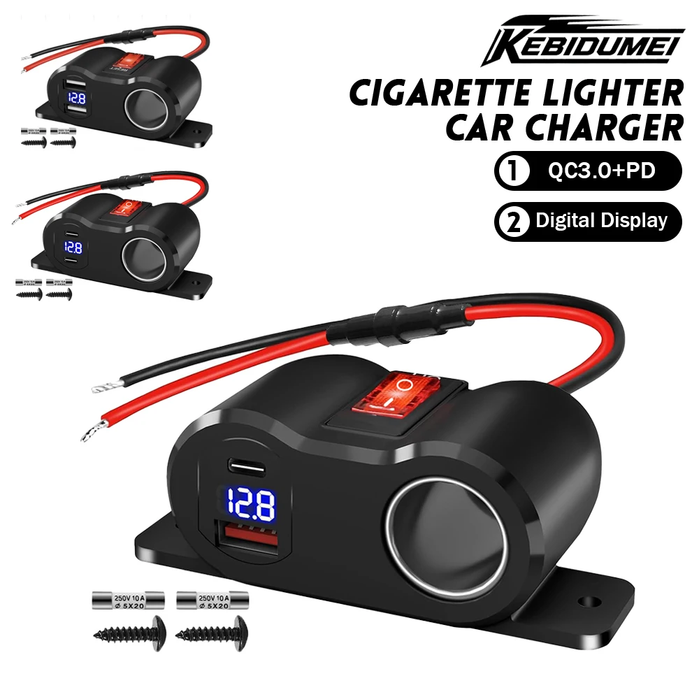 KEBIDUMEI 12V-24V Car Cigarette Lighter QC3.0 PD3.0 Socket Splitter with Digital Display Charger Power Adapter Car Accessories