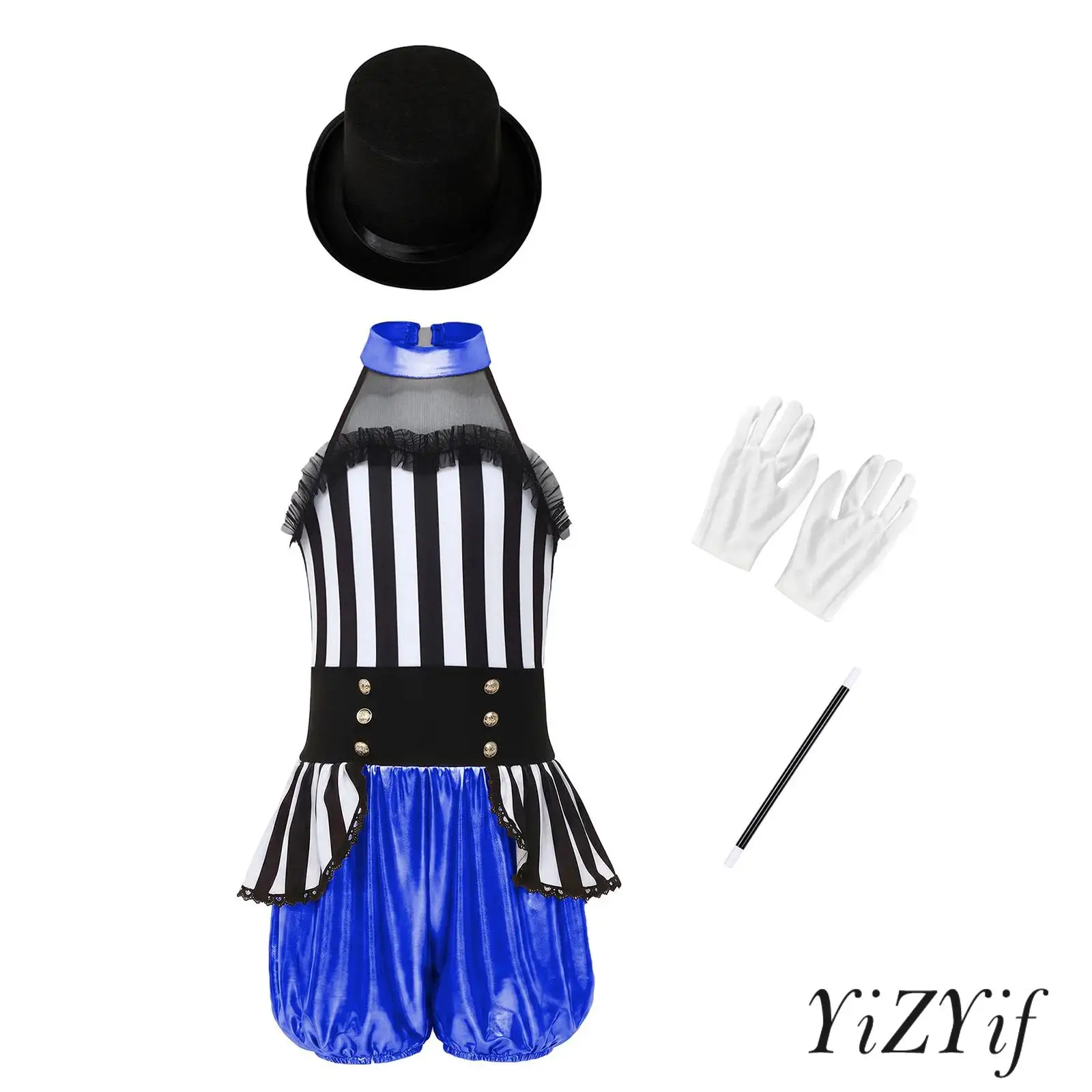 

Girls 4Pcs Circus Ringmaster Costume Sleeveless Patchwork Design Waist Overlay Metallic Gloss Jumpsuit+Magic Wand+Hat+Gloves
