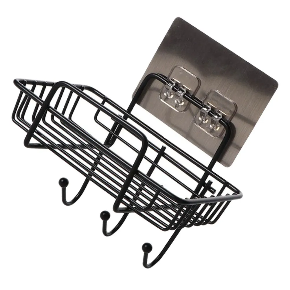 

1Pcs Wall-Mounted Soap Rack Black Iron Soap Holder for Kitchen Bathroom Storage Draining Rack with Hooks Towel Hanger