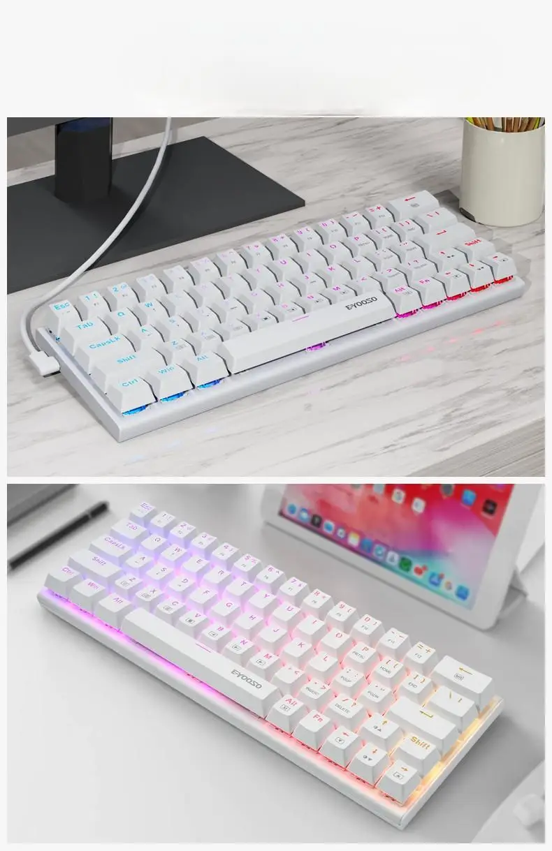 E-Youoso Wireless Wired RGB Backlight Gaming Teclado Mecânico, 60% Compact Hot swap, 2.4G BT, Branco