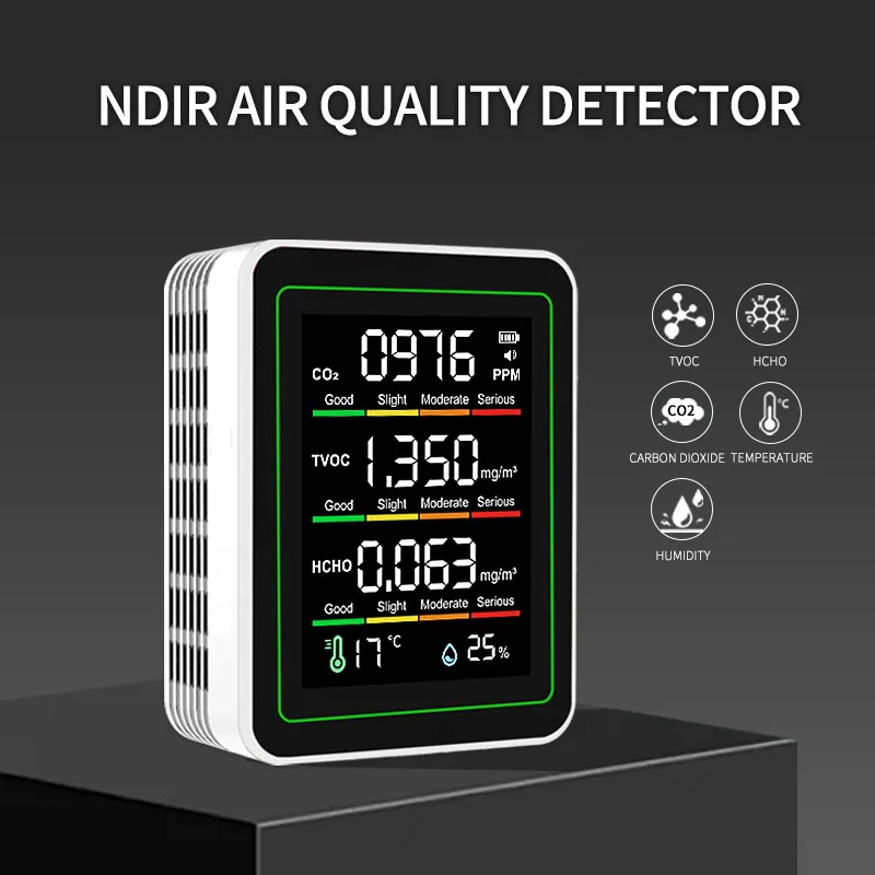 Newly Upgraded 5-in-1 Air Detector Large Color Screen 30 Hours Battery Life Formaldehyde TVOC Temperature Humidity CO2 Detector