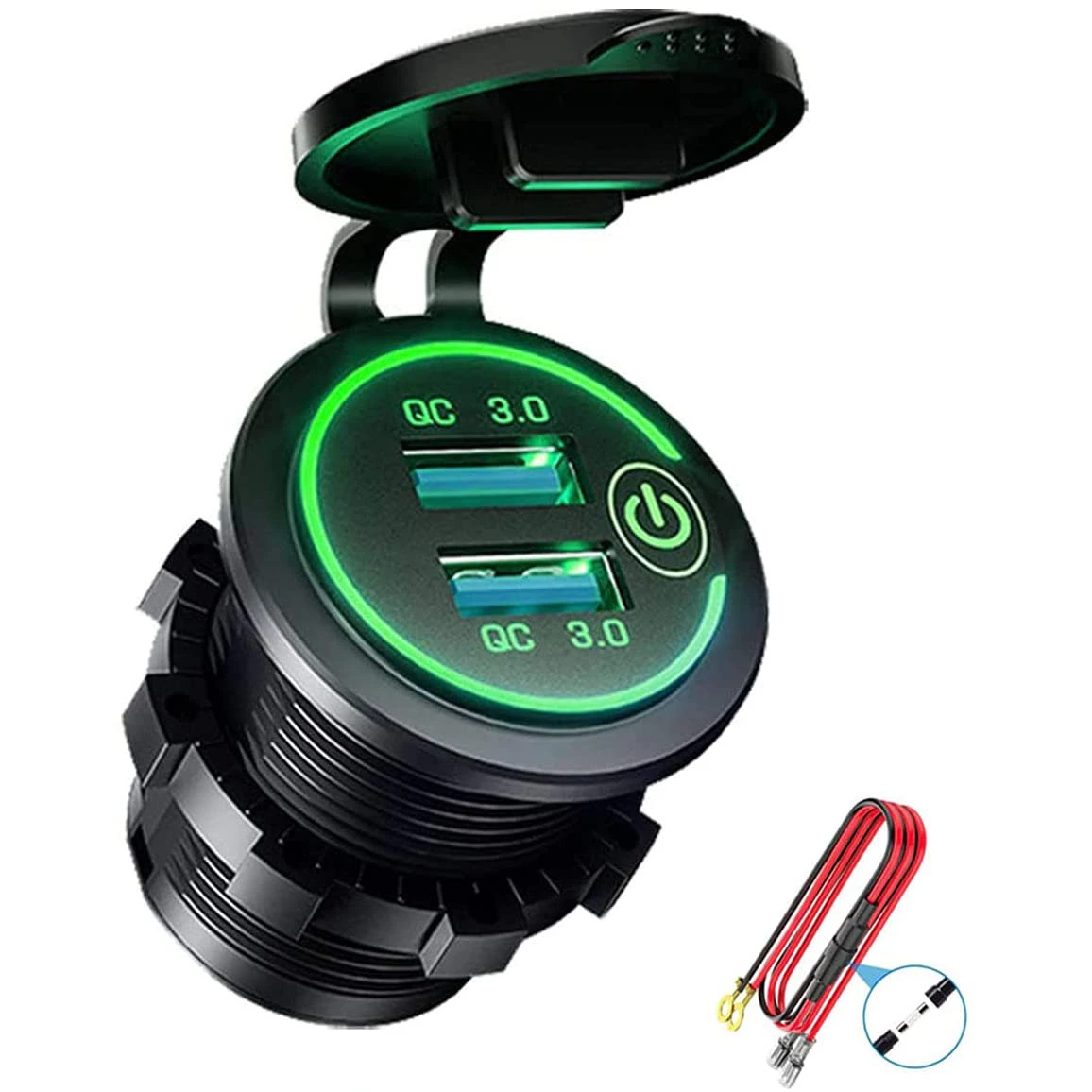 QC 3.0 Dual USB Charger Socket,Waterproof 12V/24V USB Outlet with Touch-Switch for Car, Marine,Boat,RV,Motorcycle,Green