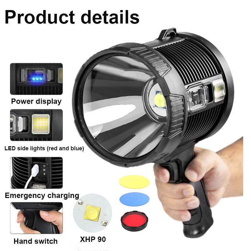 Ultra Bright LED Flashlight USB Solar Rechargeable Outdoor Handheld Spotlight For Hunting Boating Power Bank Camping Searchlight