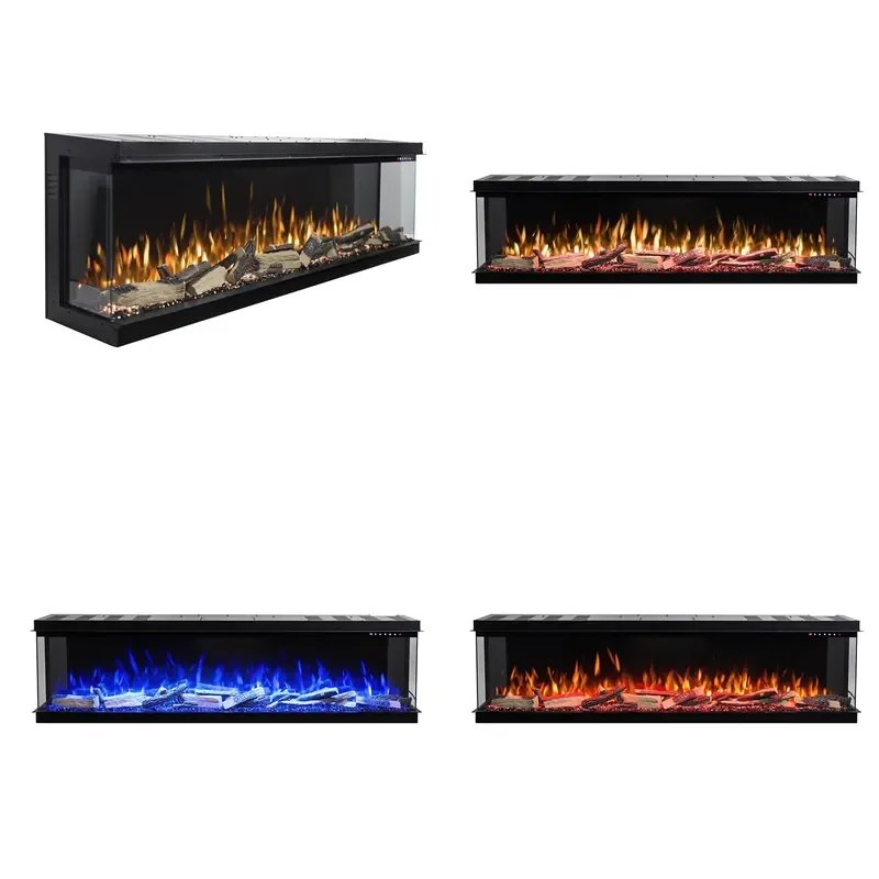 for Three-sided Electric Fireplace Wide Tempered Glass High Definition Flame Technology Adjustable Thermostat for Home Hotel