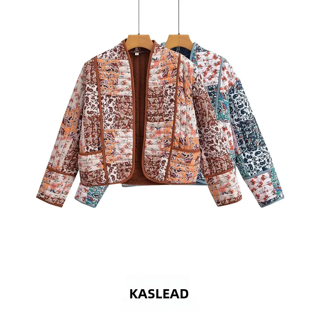 KASLEAD New Women's Cotton Jacket Floral Print Design Slimming Trendy Style Autumn Season Zipper Closure Fashionable Ladies' ...
