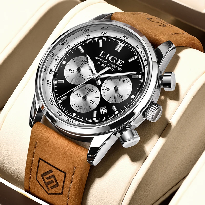 LIGE Mens Watches Brand Luxury Leather Strap Waterproof Sport Quartz Chronograph Military Watch Men Clock Relogio Masculino+BOX