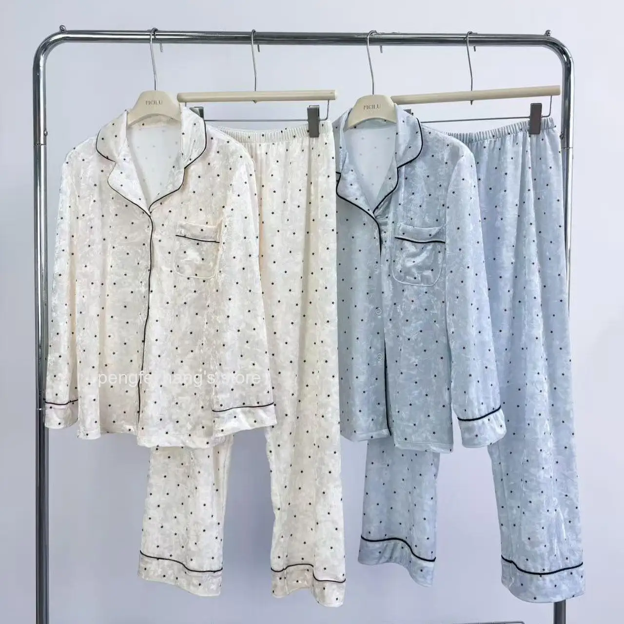 2026 New Ladies Light Luxury Polka Dot Golden Diamond Velvet Pajama Set, Spring Autumn Lapel Contrast Edge Lazy Loungewear