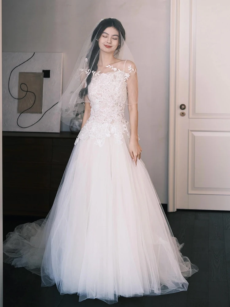 

Ele Lace Bridal Gown with Train Strapl Wedding Dr Romantic Forest System Super Fairy T Sle Long Skirt for Women