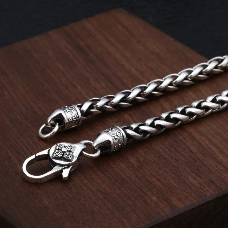 Real Solid 925 Sterling Silver Chain Men 5mm Mantra Wheat Braided Rope Necklace 41-67g/50-80cm