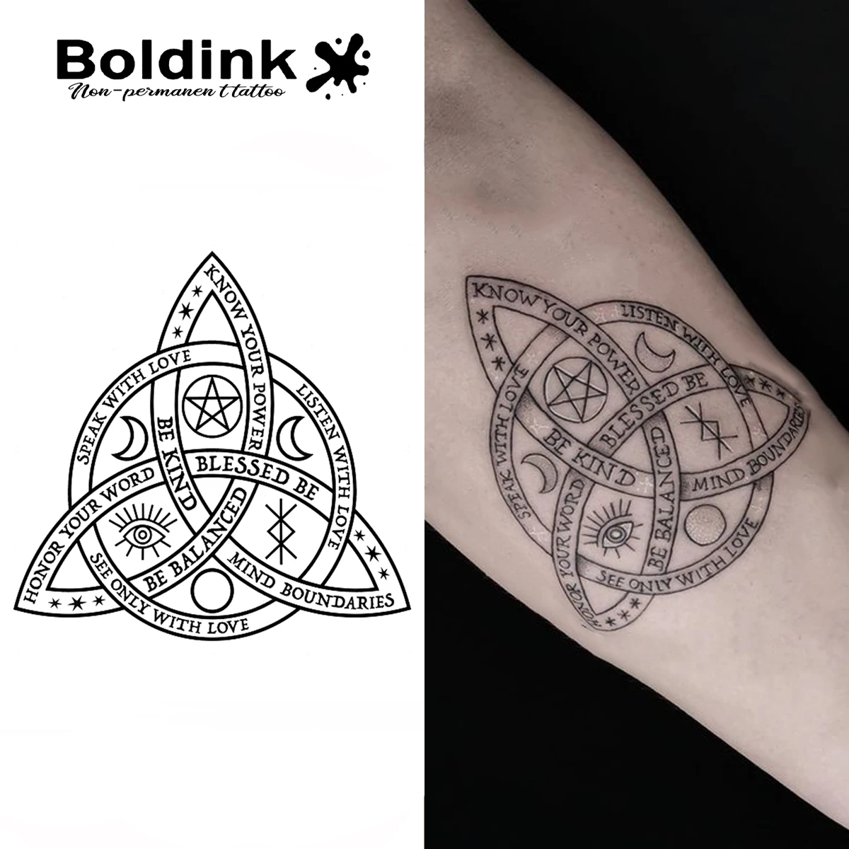

Boldink Sacred Triquetra Temporary Tattoo,Lasts To 15 Days New Technology Magic Waterproof Semi Permanent Sticker.