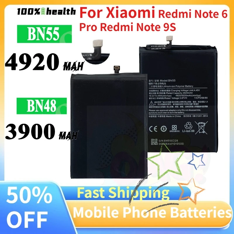 4920mAh/3900mAh BN55 BN48 Mobile Phone Battery  for Xiaomi Redmi Note 6 Pro Redmi Note 9S Rechargeable Batteries +Tools
