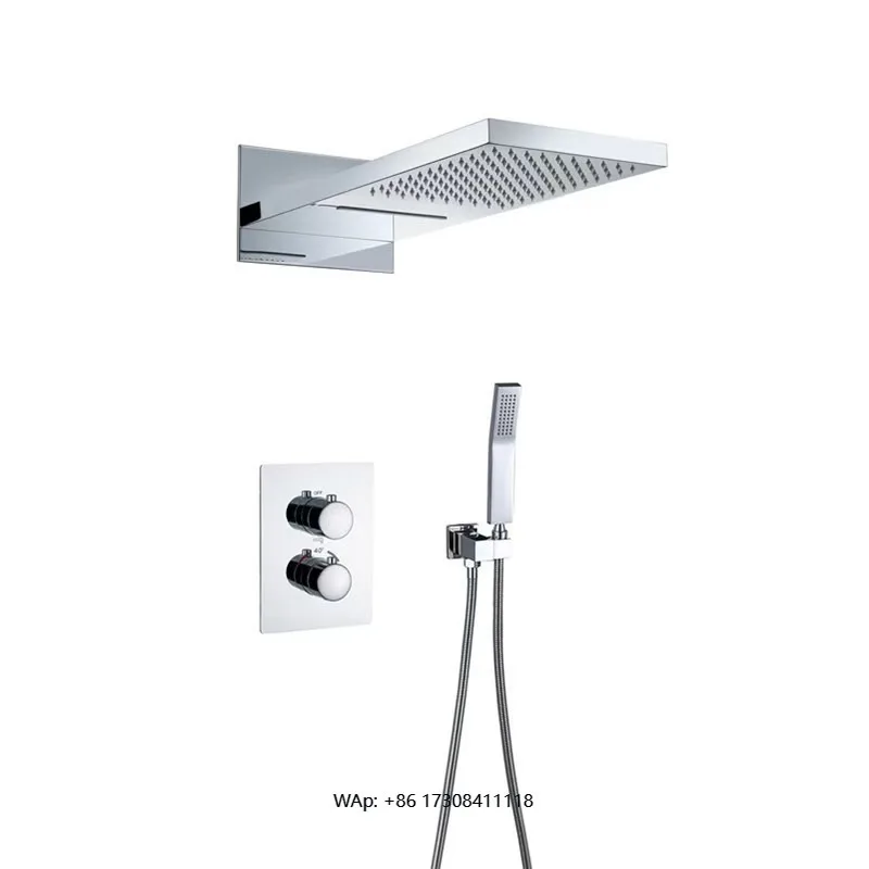 

Hotel Deluxe Chrome Thermostatic Hidden Shower Set Brass Waterfall Two Function Thermostatic Hybrid Faucet Bathroom Shower Set