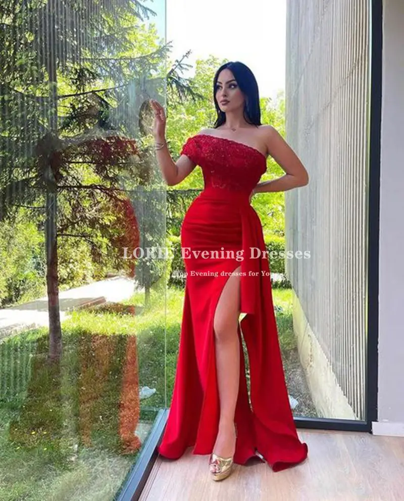 LORIE Red Strapless Full Length Prom Dresses 2022 High Slit Party Dresses Mermaid Lace Appliques Evening Dresses Robes De Soirée