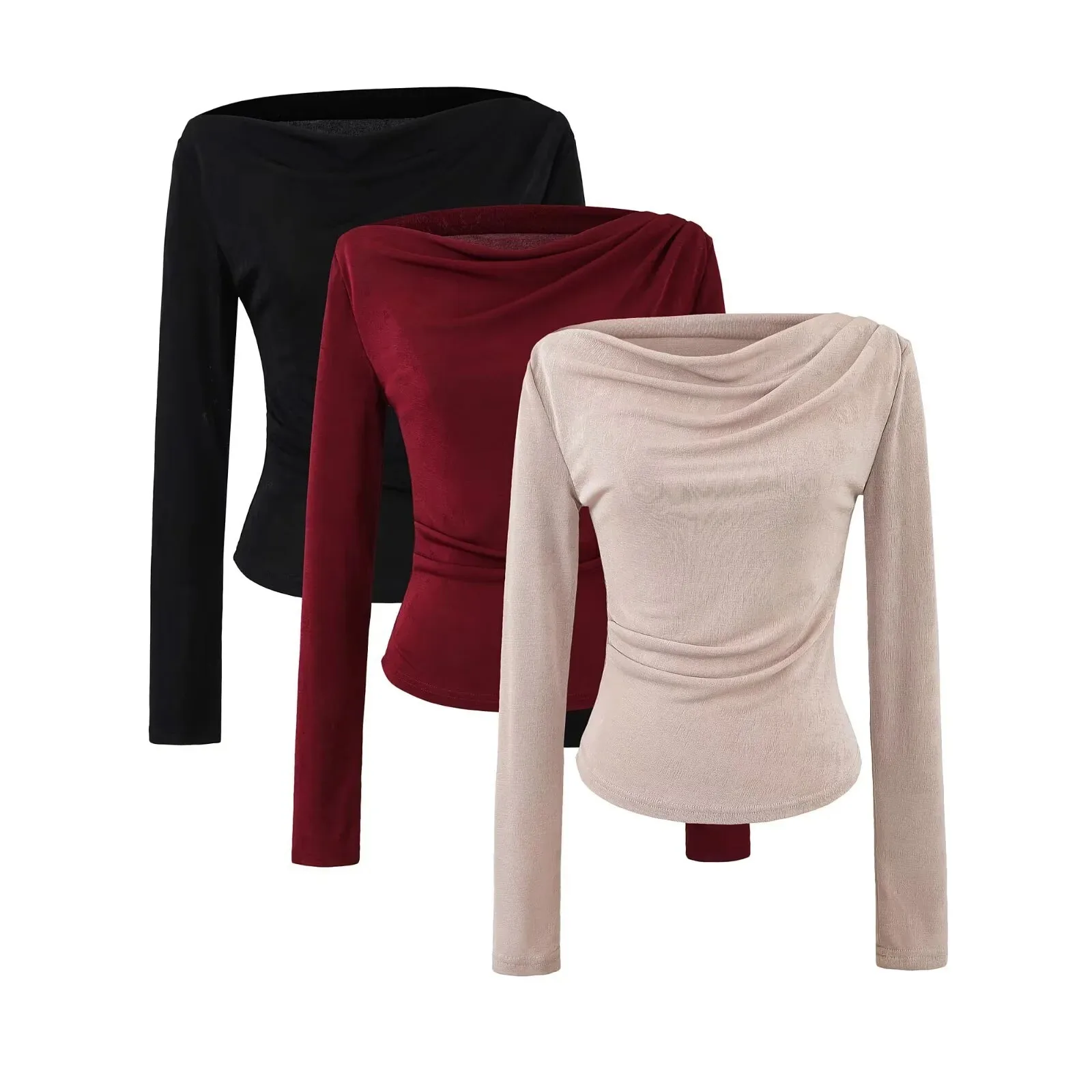 신상 솔리드 컬러 긴팔 티셔츠 스윙 칼라 오프숄더 2025 가을 신상 여성 패션 디자인 센스 퓨어 디자이어 XB3J