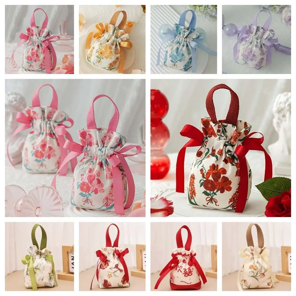 Bird Canvas Drawstring Bag Large Capacity Korean Style Small Flower Wrist Bag Wedding Candy Bag Floral Bowknot Handbag Party