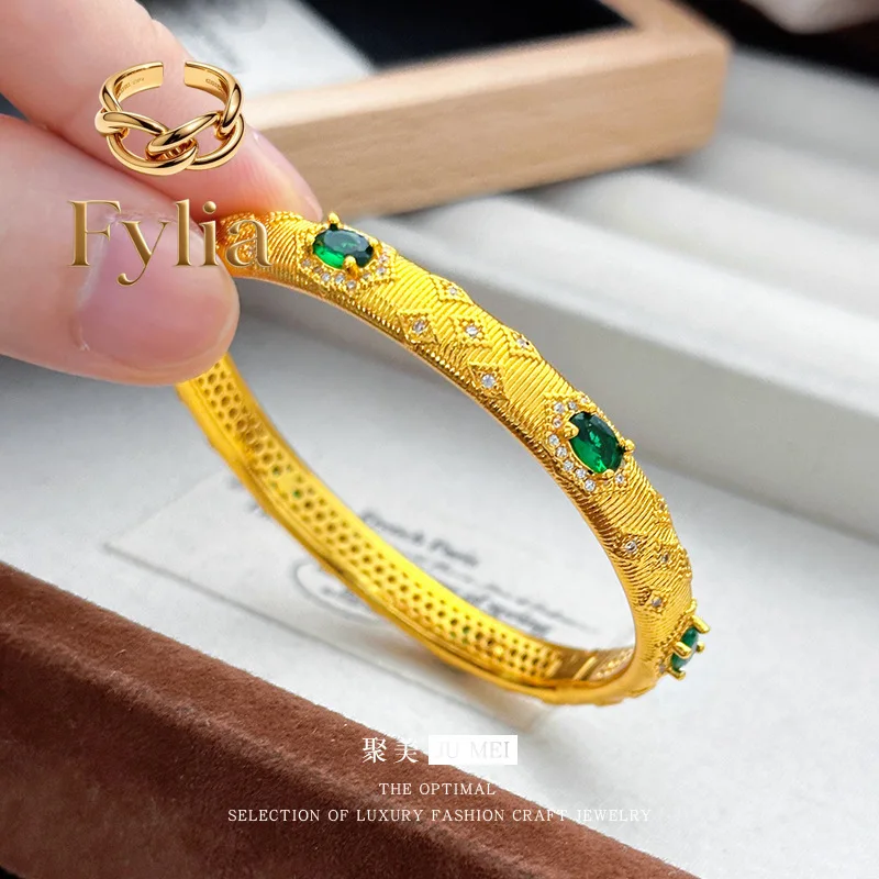 

Fylia Jewelry Popular ancient emerald bracelet emerald 24K real diamond inlay craft Italian brushed buckle 9999 bracelet