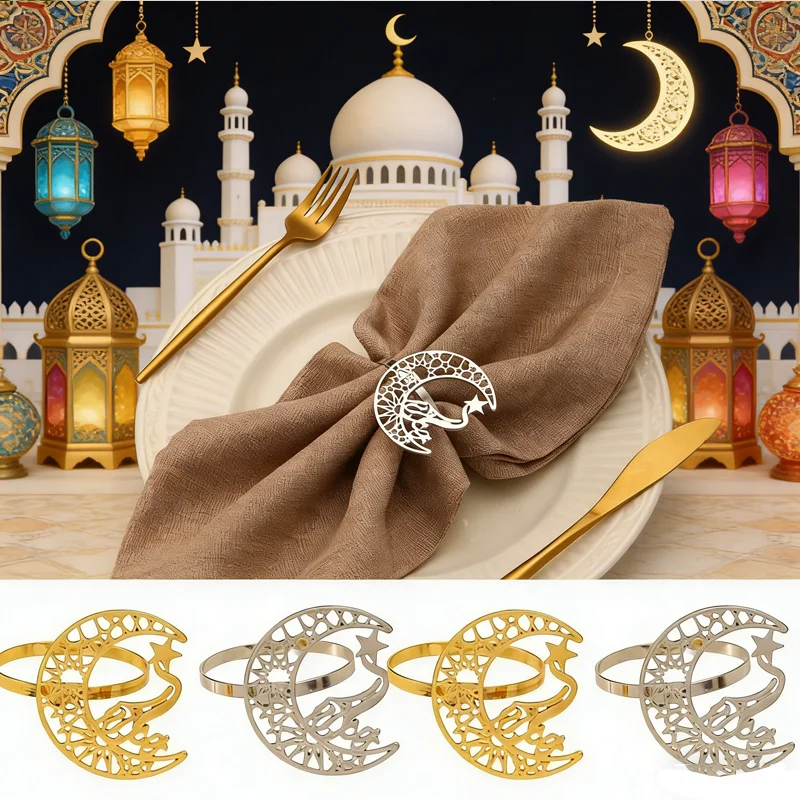 Eid Sterne Mond Serviettenringe Mubarak Islamische Ramadan Dekorative Accessoires Goldene Metall-Partydekoration für Tischdeko