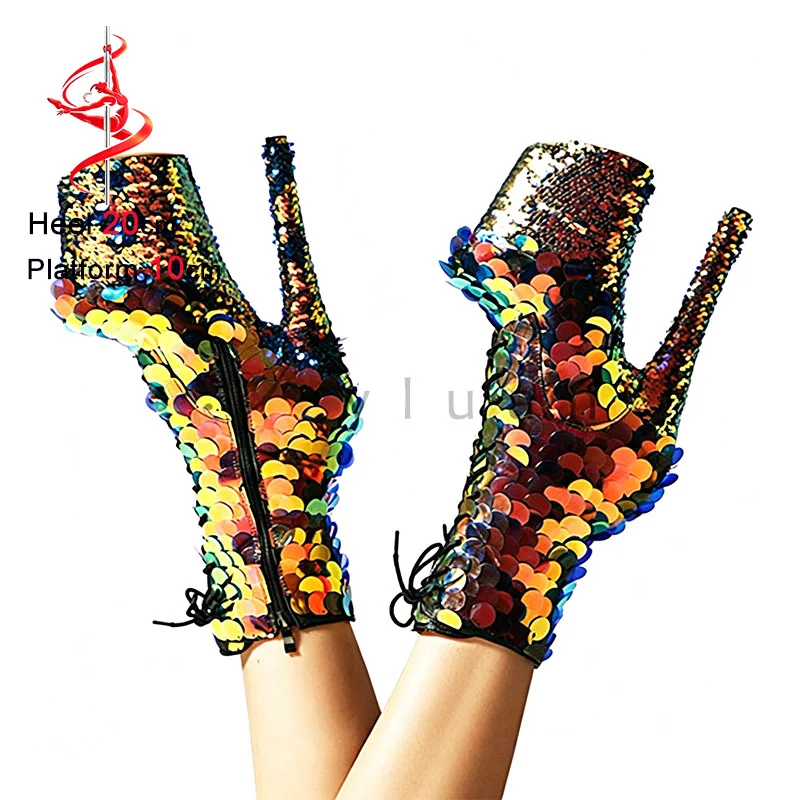 

Glitter Sequin Platform Short Boots For Women Nightclub Blingbling Stage Show Shoes Luxury Gold 20CM Super High Heel Short Boots