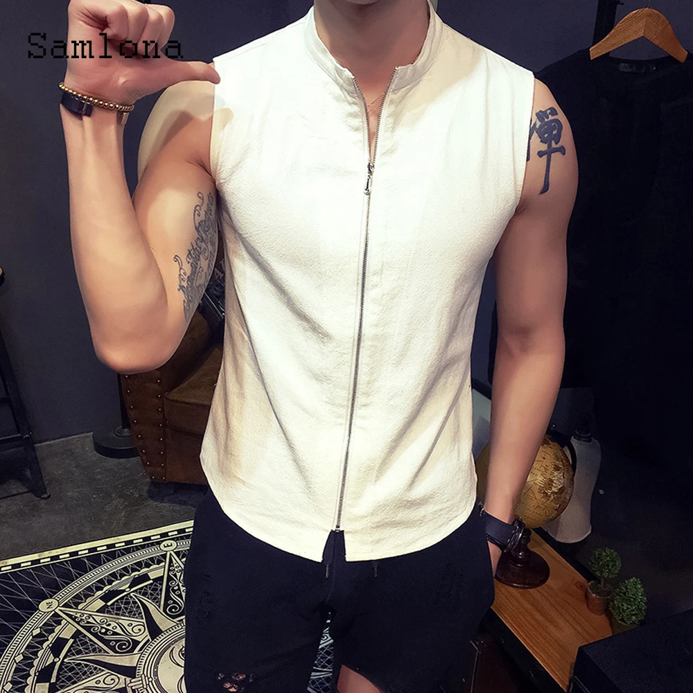 Samlona Plus Size 4xl 5xl Men Latest Casual Tank Tops Mens Streetwear 2022 Summer Fashion Zipper Vest Men\'s Sleeveless Tshirt