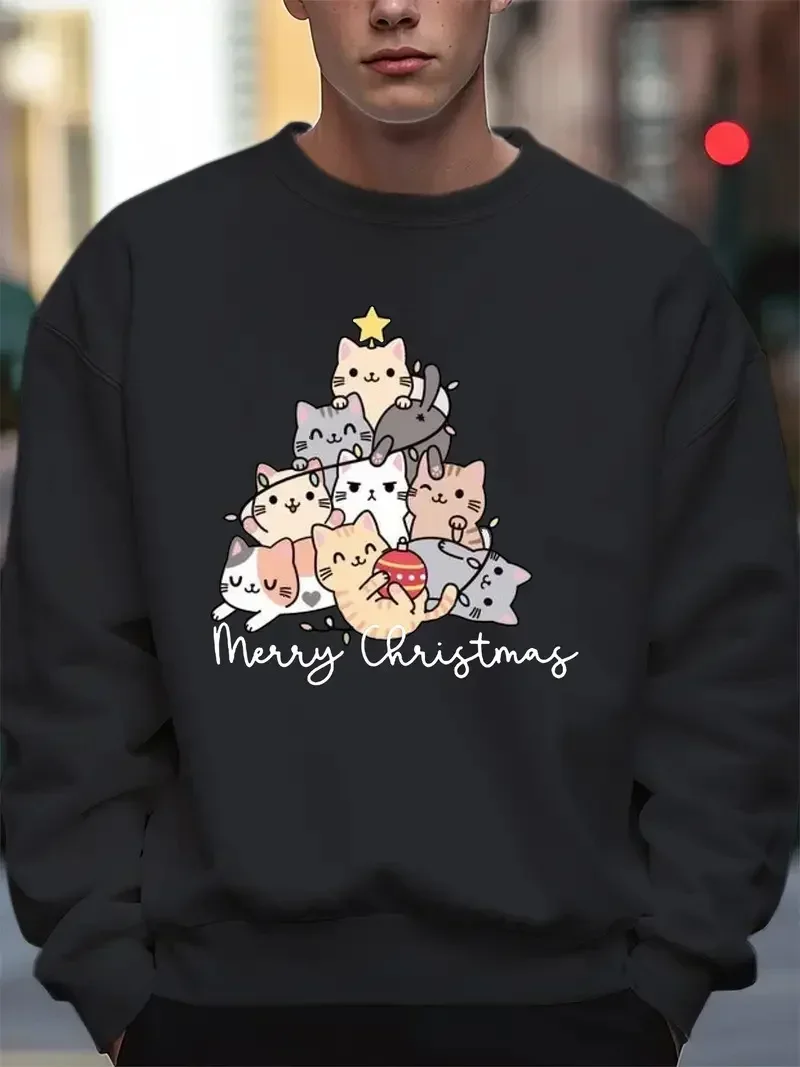 Men Merry Christmas Cute Cat Print Hooded Trendy Sweatshirt Designer Fleece Hoodies for Male Warm Casual Pullover Clothing