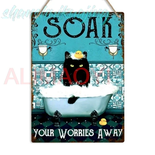 Black Cat Soak Your Worries Away Bathroom Metal Sign Cat Lover Plaque Decor Gift