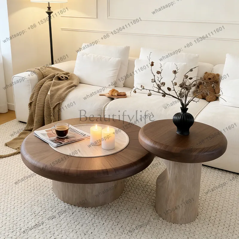

Medieval style round solid wood coffee table retro high-end living room home travertine texture coffee table