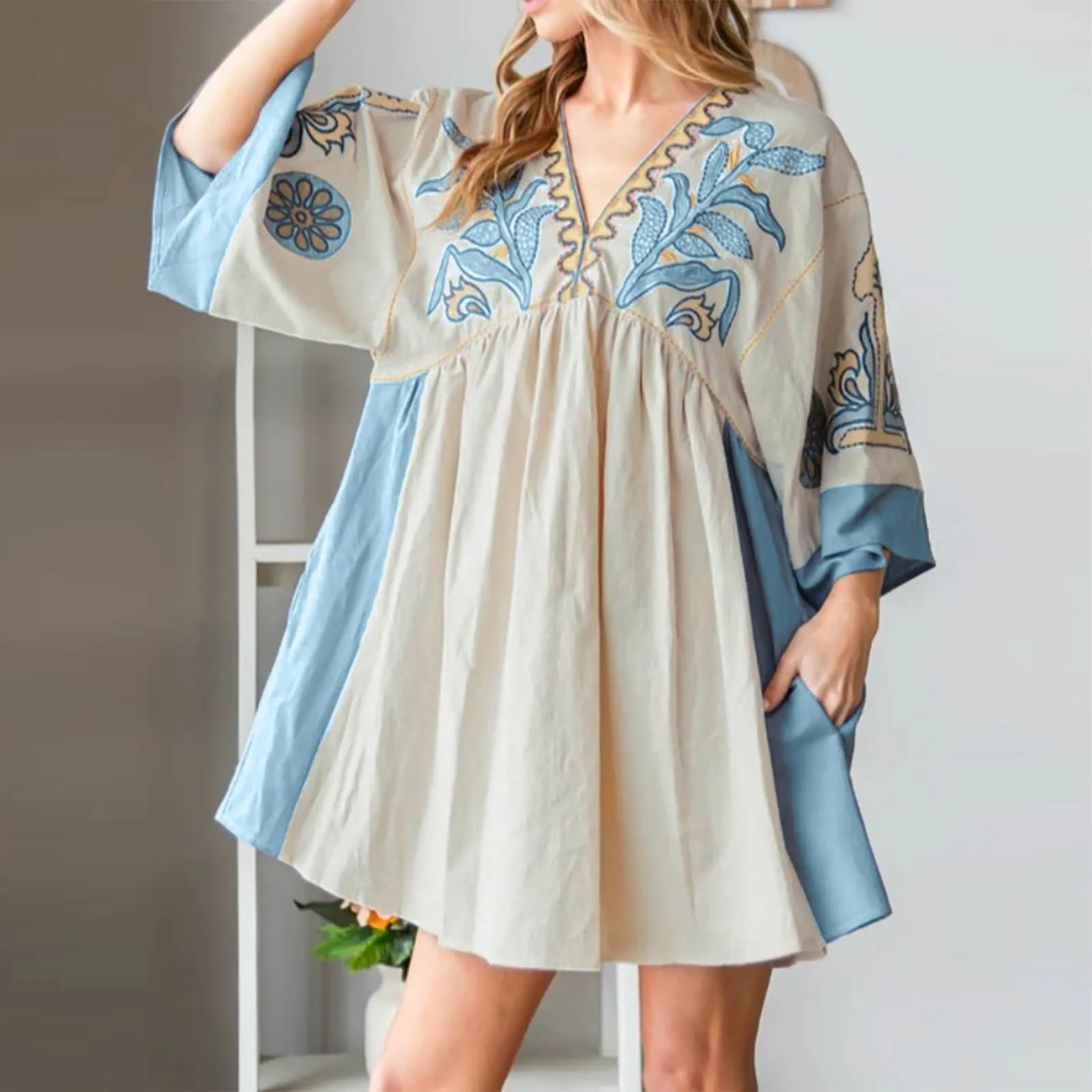 

Women's Elegant Embroidered Mini Dress Summer V Neck 3/4 Sleeves Loose Fit Vintage Short Dress Female Bohemian Beach Dresses