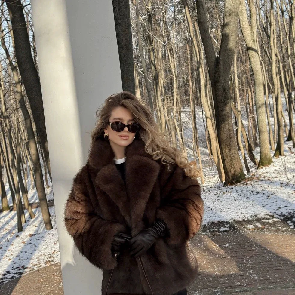 Faux Fur Women Mid Length Coats Jackets Turn Down Collar Coat Thick Warm Y2k Streetwear Jacket Elegant Outerwear Autumn Winter