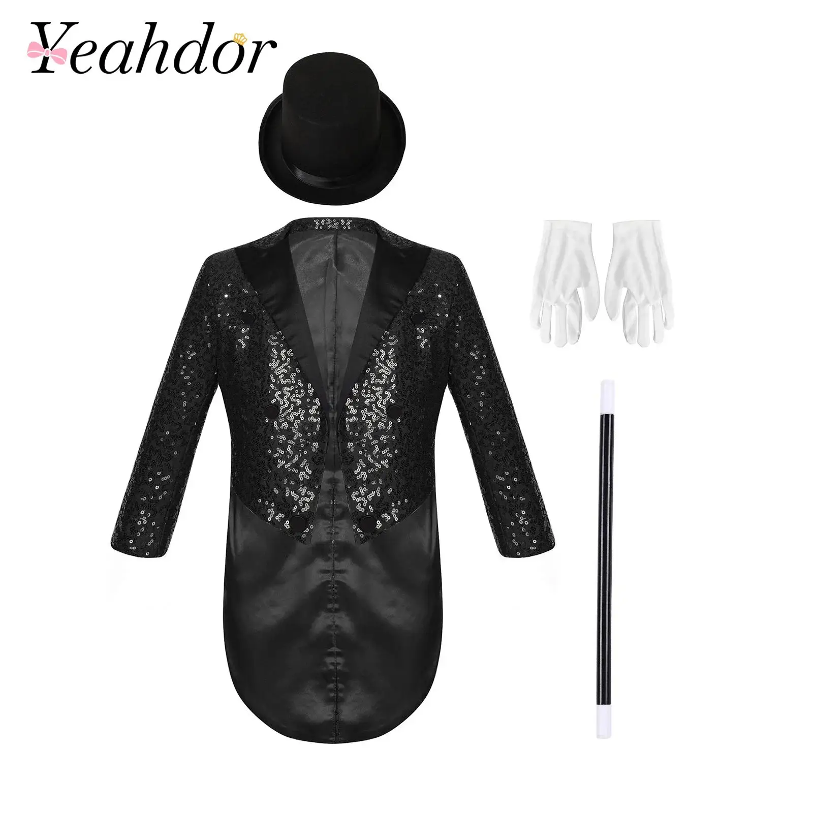 Children Dance Outfit Kids Boys Magician Circus Costume Sequin Tailcoat Blazer Hat Gloves Wand Suit for Masquerade Fancy Party