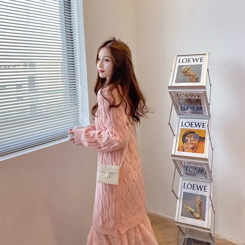 Dresses for Women 2023 Korean Oversized Sweater Women Maxi Dress O-Neck Elegant Commute Party Fashion Women\'s Wear Knit Dress