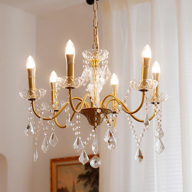 Retro Crystal chandeliers Gold Luxury Villa Hotel Living Dining Room Candle Chandeliers Lighting Bedroom Lustre Lamps