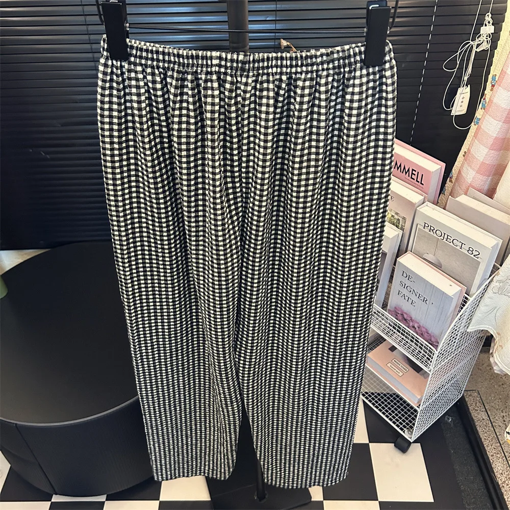 

Высокие удлиненные черные клетчатые пижамные штаны для женщин на четыре сезона, весенне-осенние широкие брюки, свободные студенческие домашние брюки
