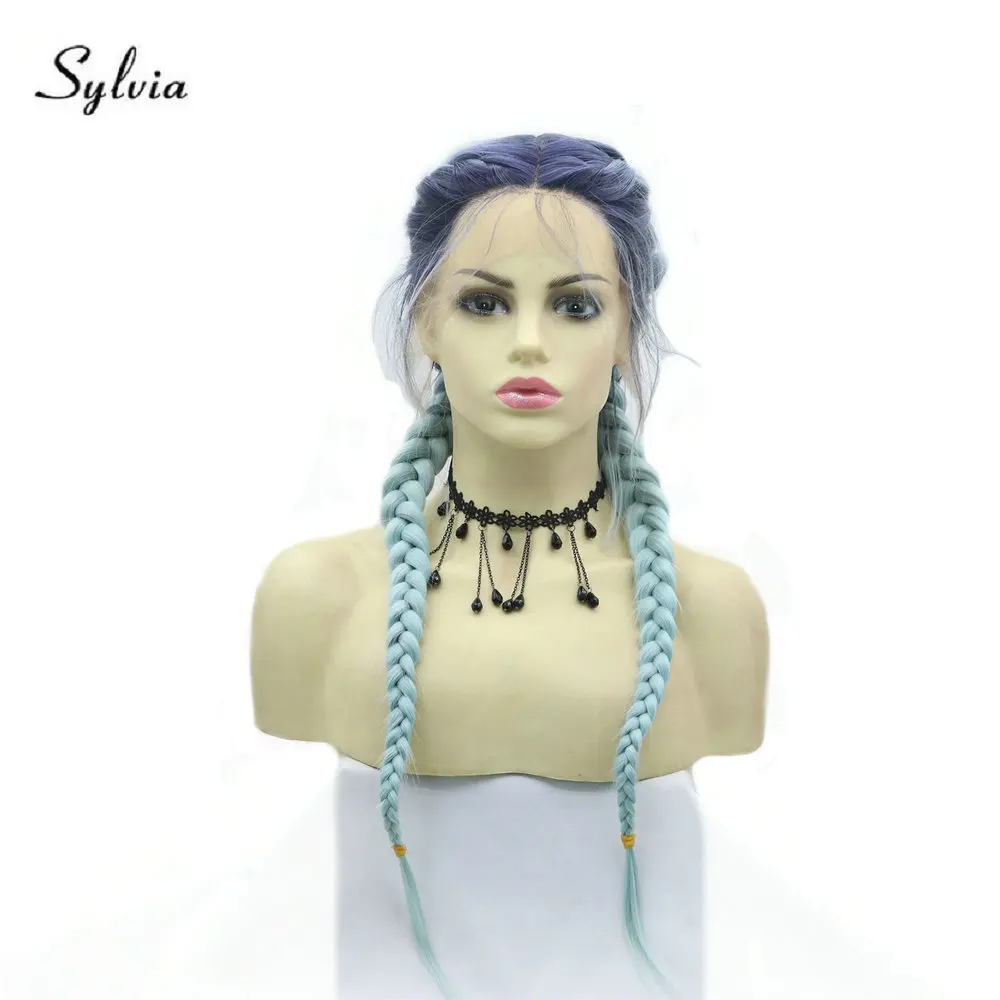 

Sylvia Blue Double Braided Wig with Baby Hair Synthetic Lace Front Wigs for Women Dark Blue Roots Ombre Blue Braid Glueless Hair