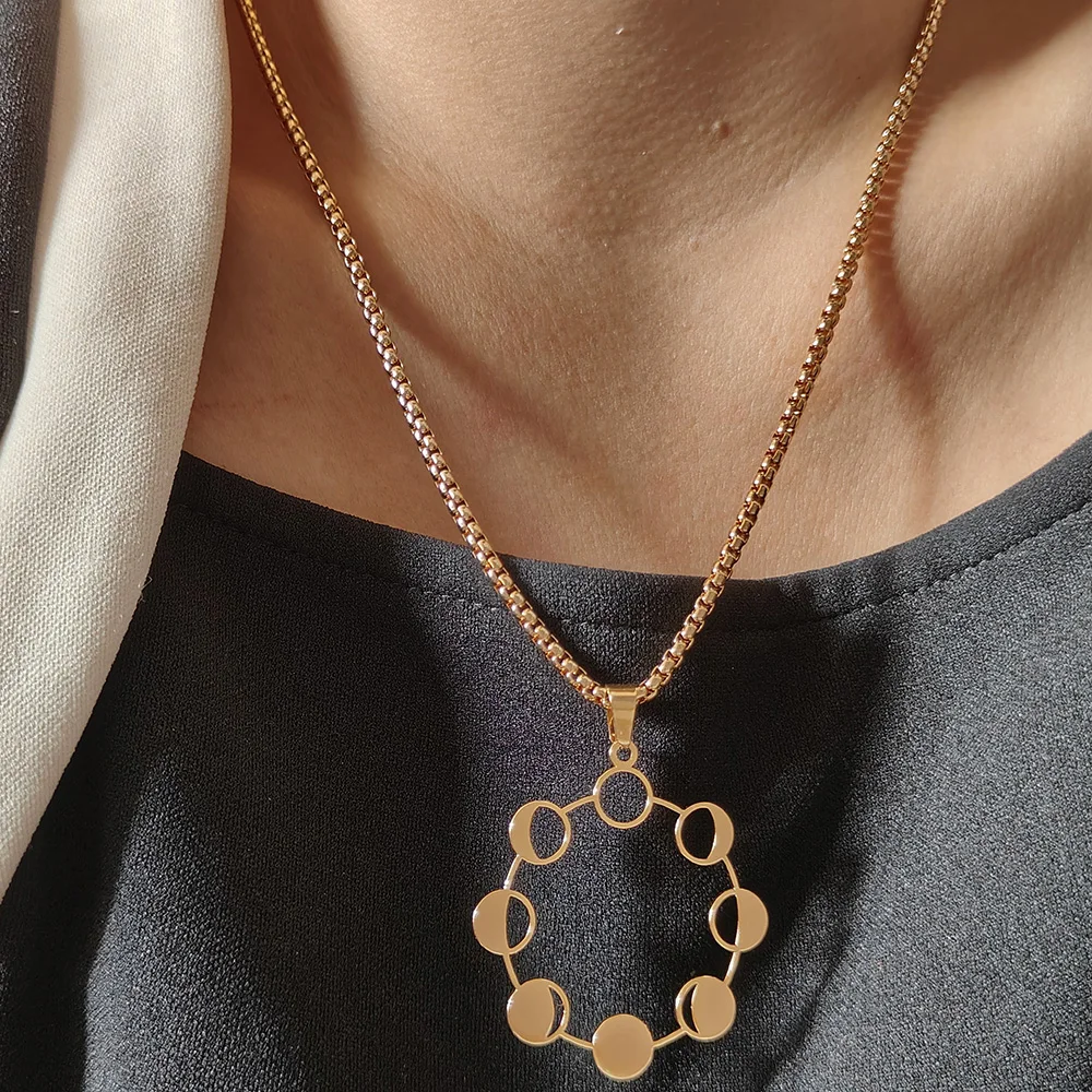 Moon Phase Cycle Pendant Necklace 316L Stainless Steel 18K Gold Plated Unisex Celestial Charm Neck Accessory Gift