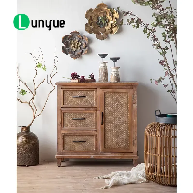 Rustic Farmhouse Antique Solid Wood Cabinet with Doors and Drawers Wooden Storage Locker Furniture for Home Decor Living Room