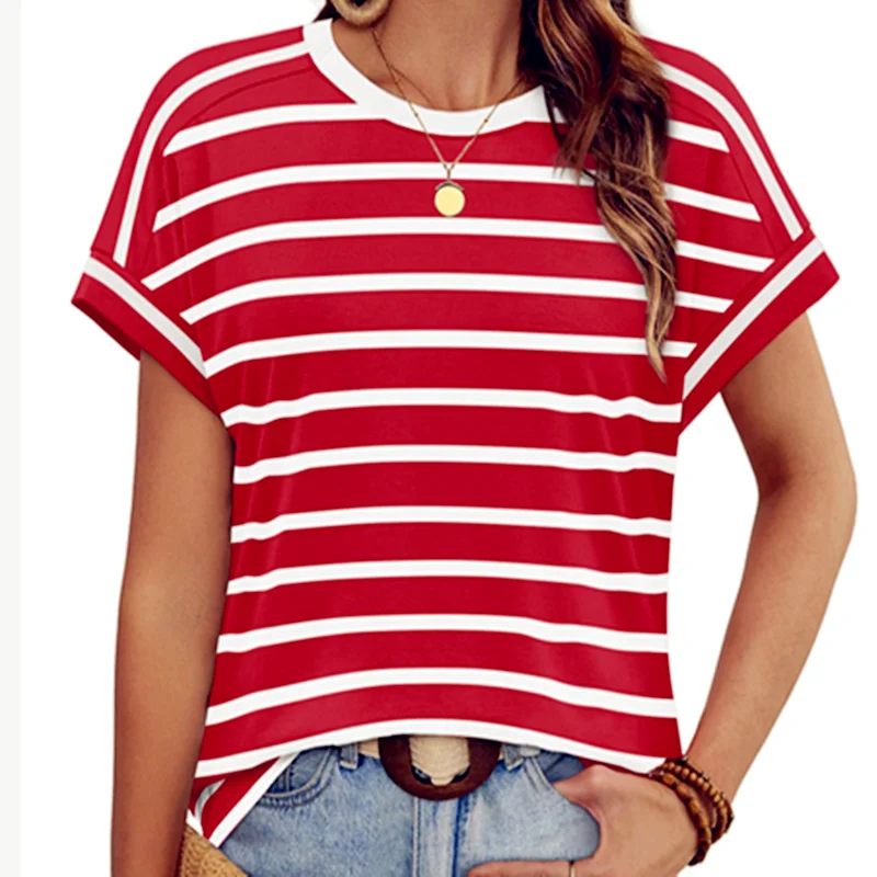 Women's Summer New Arrivals Round Neck Buttoned Padded Sleeve Top T Shirt Shirts Casual Strip