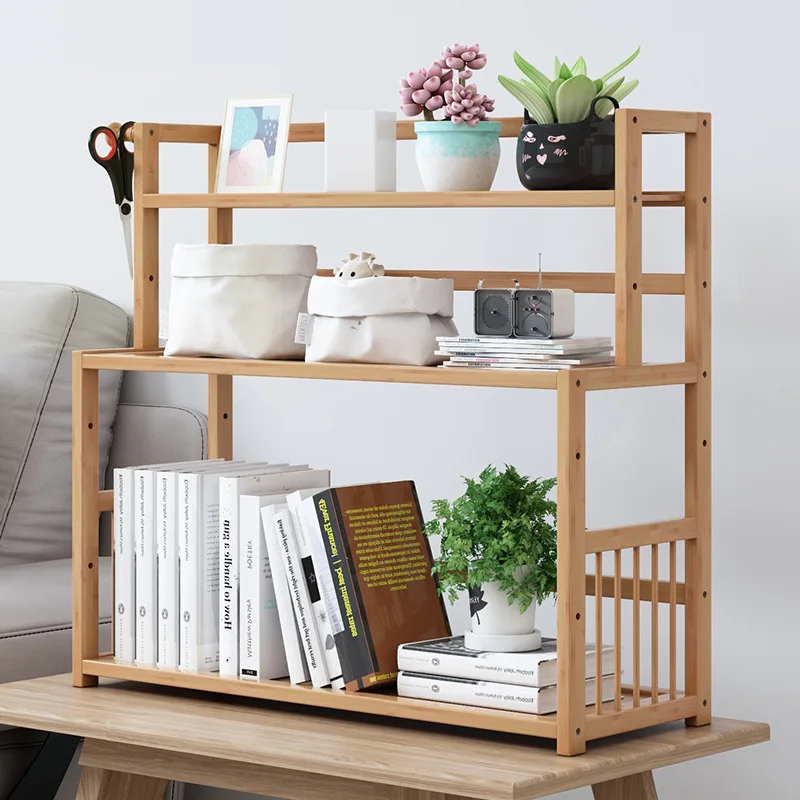 3-tier Wooden Bookshelf Desktop Sundries Stationery Organizer Bamboo Bookcase Furniture Magazine Holder Home Decor Display Shelf