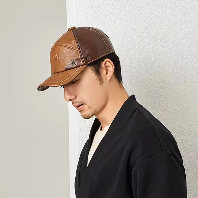 Man Hats Genuine Leather Letter Printed Baseball Cap Male Cowhide Two Tone Outdoor Auburn Leisure Warm Caps With Ear Tab Gorra