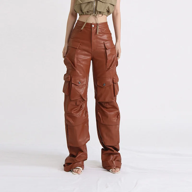 

Australian High Waist Casual Leather Pants Women's Loose Workwear Trousers Spring New Faion Design Sense Patchwork ket