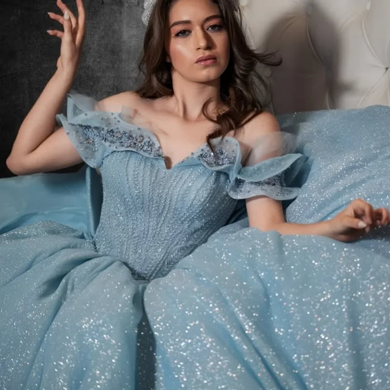 

Shiny Haze Blue Dresses off-shoulder Crystal Decal Lace Glitter Long tail Vestido De 15 Quinceanera Customize