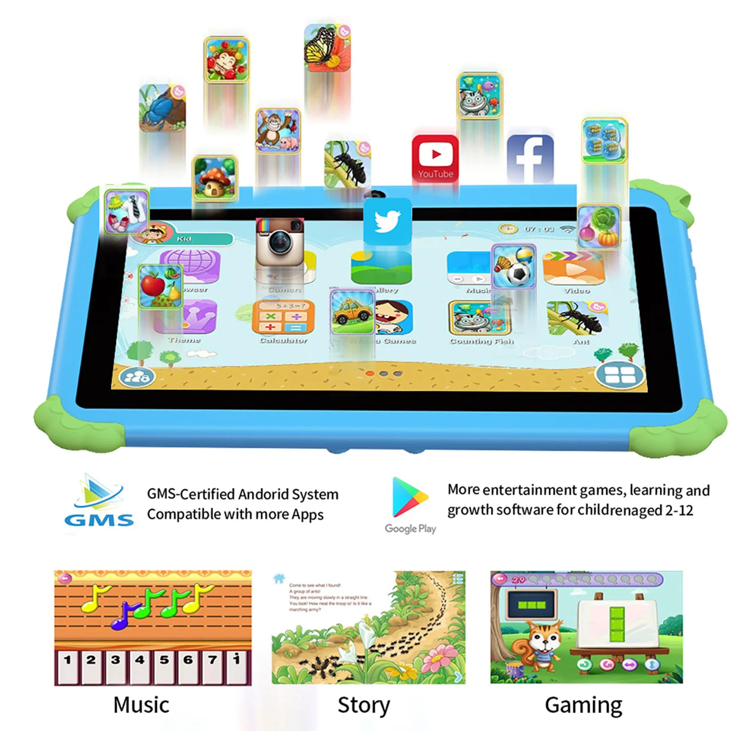 New 7 Inch Cartoon Pattern Kids' Tablet Android 13, 4GB RAM 64GB ROM, 1TB Expand, WiFi, 4000mAh Battery, Dual Camera, Google Pad