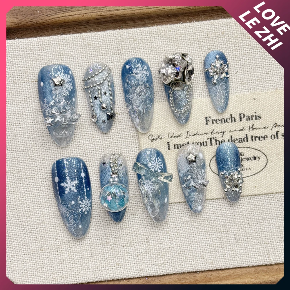 10Pcs Spicy Girl Handmade Square Almond Press On Nail Metal Bow Photo Frame Spider Flower Diamond Pearl Fake Nail Christmas Gift