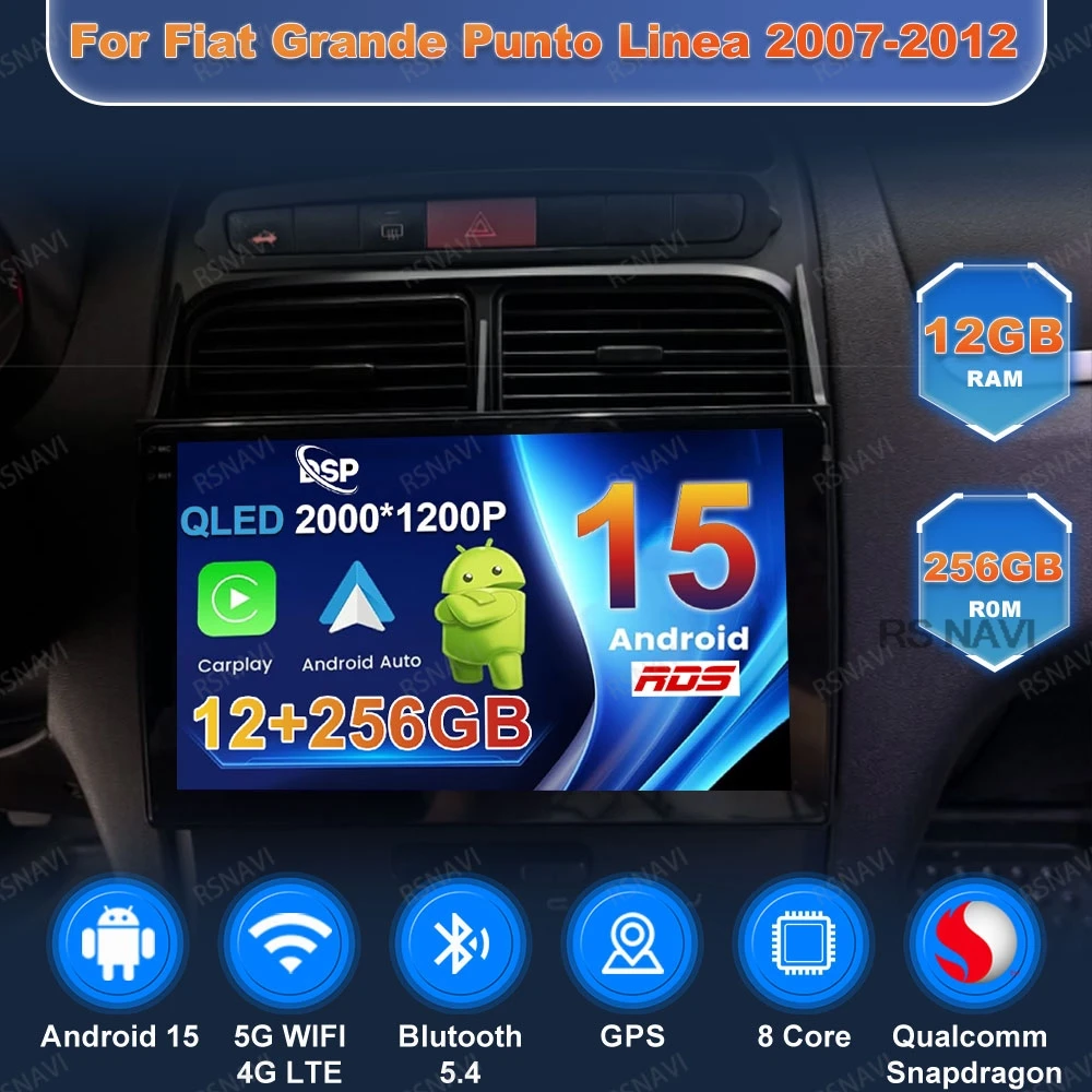 Android 15 Car Radio For Fiat Grande Punto Linea 2007-2012 5G WIFI Navigation BT Head Unit Qualcomm Snapdragon DVD 360 Camera