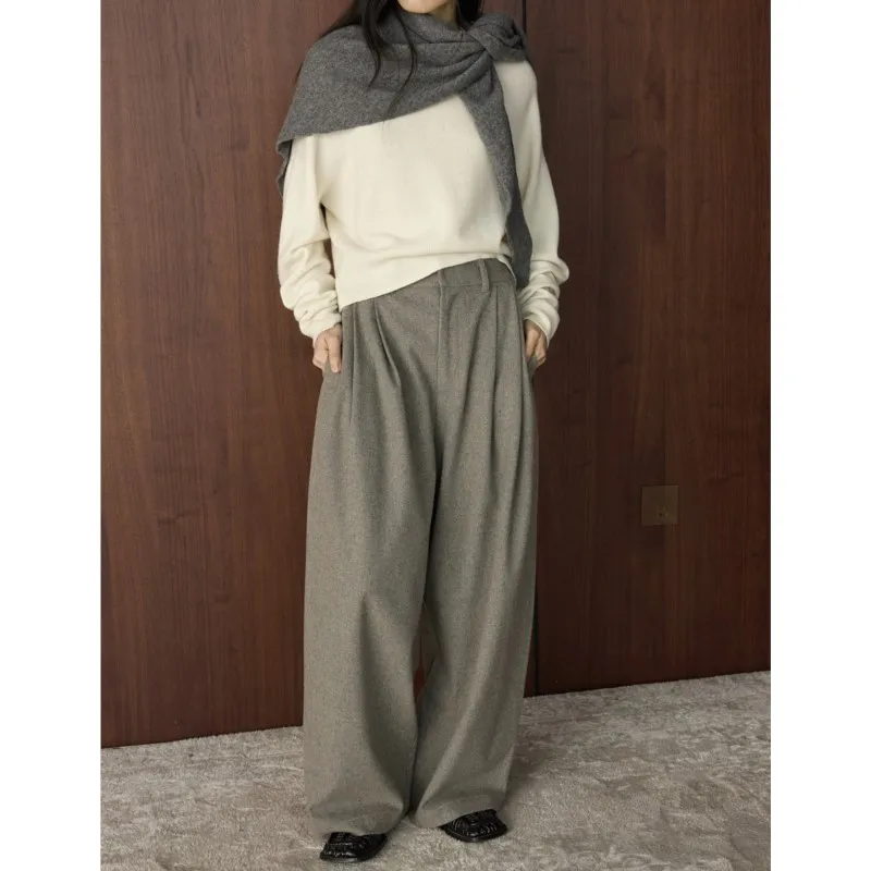 سراويل جوهنيتشر الفرنسية الأنيقة غير الرسمية فضفاضة عالية الخصر للنساء سراويل شتوية جديدة متعددة الاستخدامات وبسيطة واسعة الساق