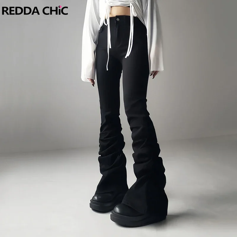 IMU Korea Women Shirring Tight Jeans Black Solid High Waist Bootcut Stretch Denim Pants Vintage Y2k J-Fashion Bell Bottoms