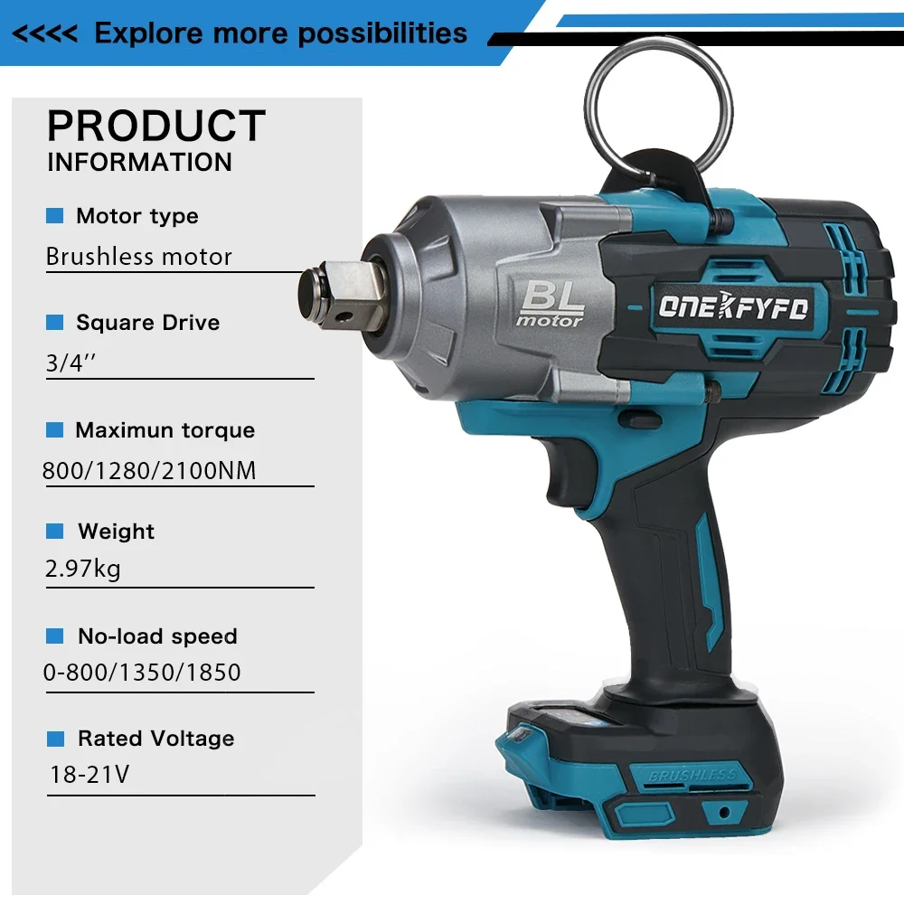 ONEKFYFD 2100N.M High Torque Brushless Electric Impact Wrench Rechargeable 3/4