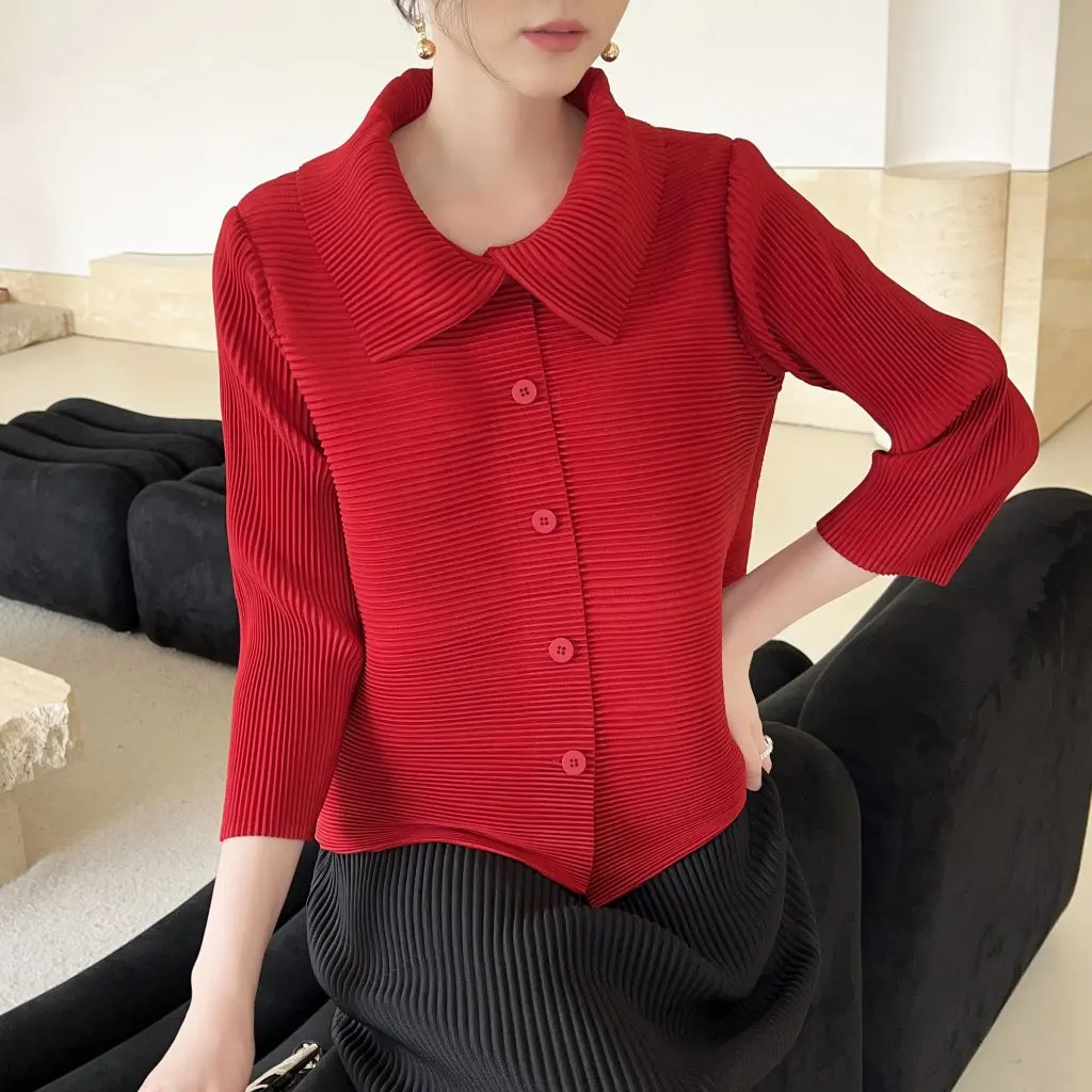 

Miyake High-End Pleated Women's Fashion Top Autumn Spring Casual All-Match Commuter Wear Hong Kong Style Niche Clothing