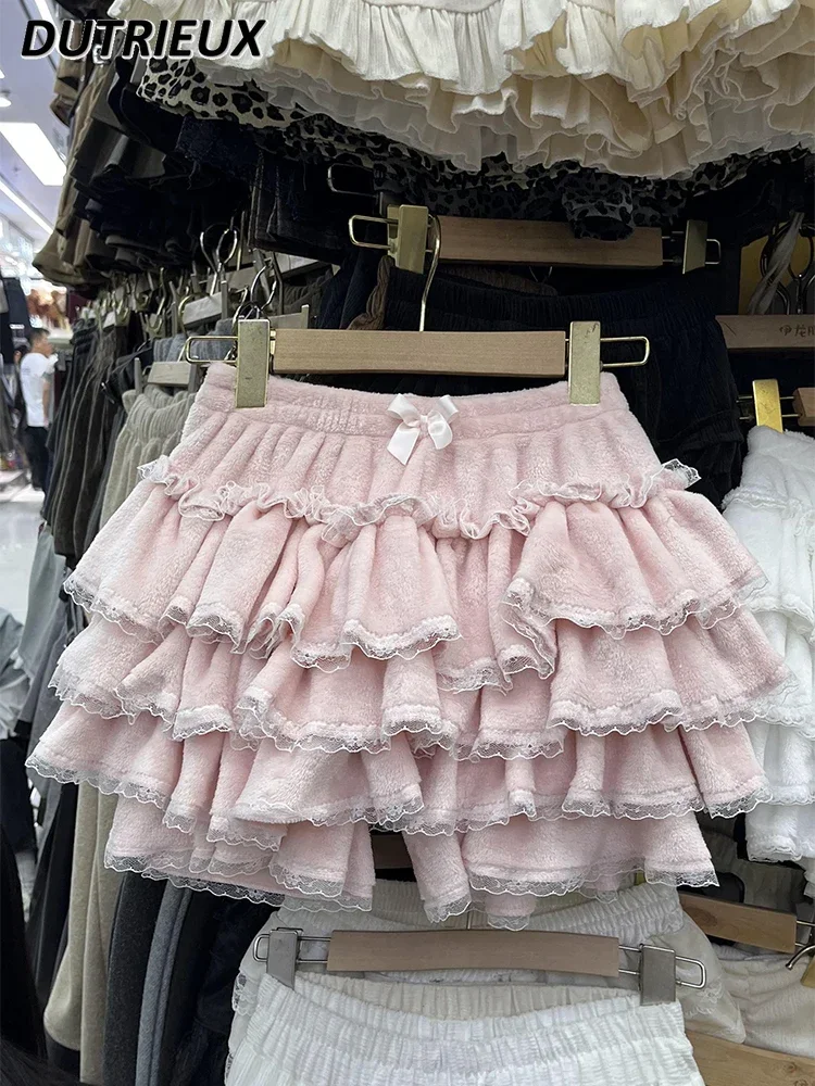 Autumn and Winter Pink Coral Fleece Sweet Girl Lace Splicing Cake Short Skirt Elastic Waist Cute Versatile Puffy Mini Skirts