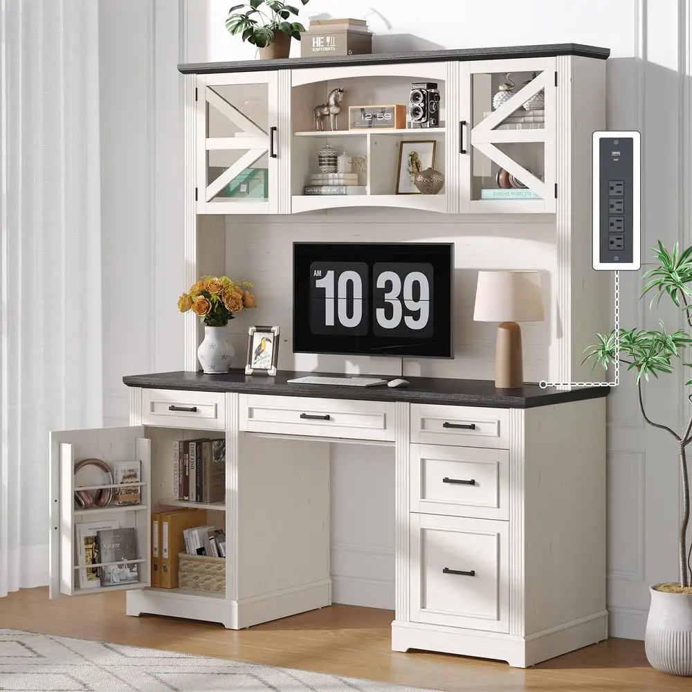 

72 H Farmhouse Executive Desk with Hutch, Office Desk, Computer Desks with Charging Station, Computer Workstations with 5 Drawe