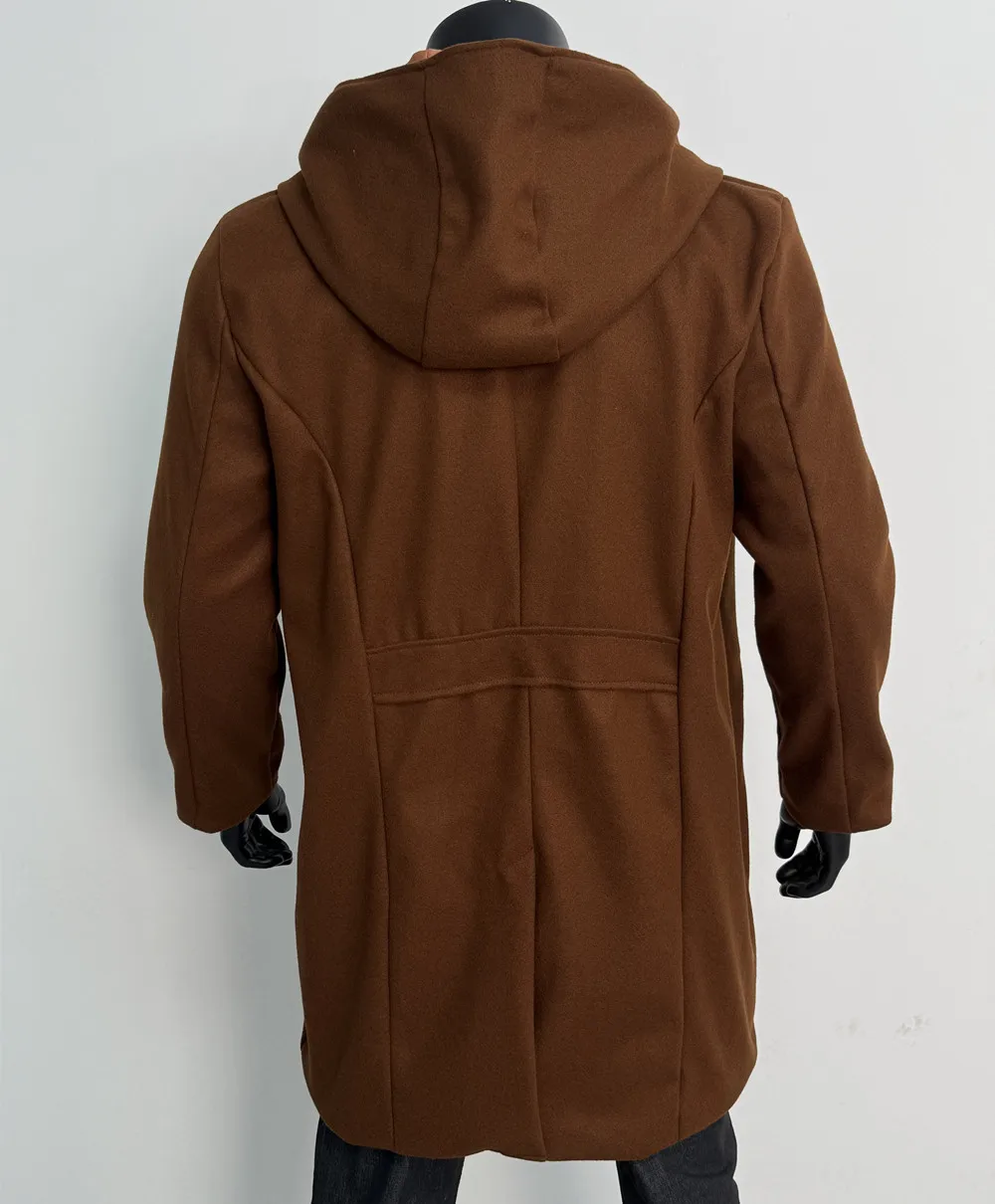 Men Hooded Wool Blends Trench Coat Double Breasted Mid Length Overcoat Work Casual Thick Warm Jacket Pockets Autumn Winter 2026